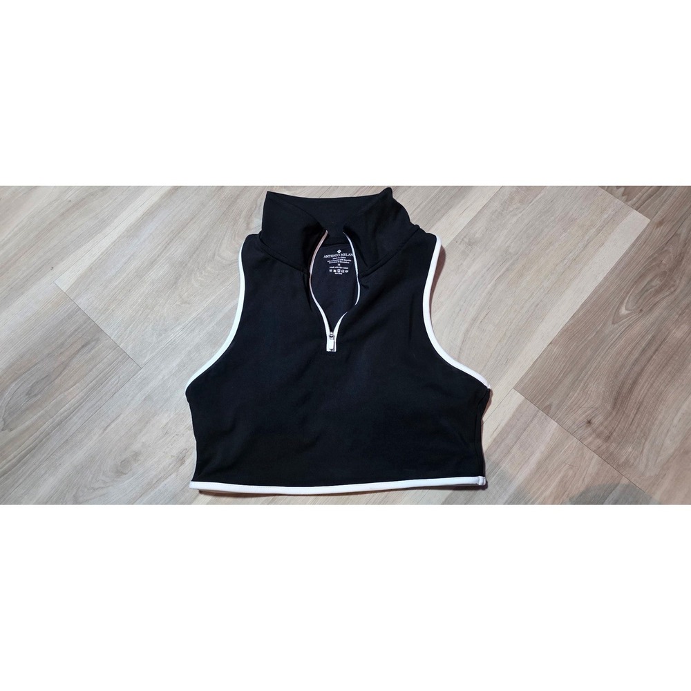 Antonio Melani Black White Cropped Sleeveless Zip Mock Neck Athletic Tank Top M